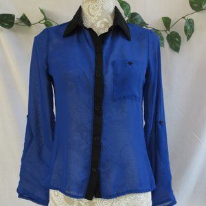 Grass Collection Blouse Royal Blue Black Sexy Sheer Hi Low Button Down Size S